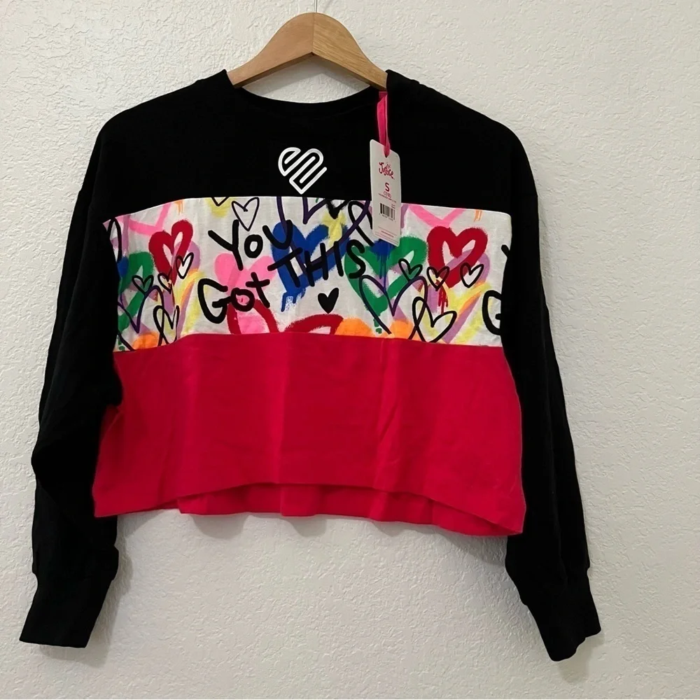 Girls Justice cropped tee color block black and pink/ SZ Small 7/8